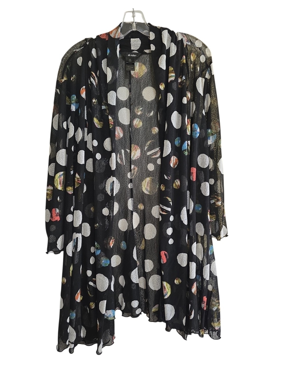 Ali Miles Multi-Color Polka Dot Mesh Cardigan Flowy Draped Lagenlook 2X Black